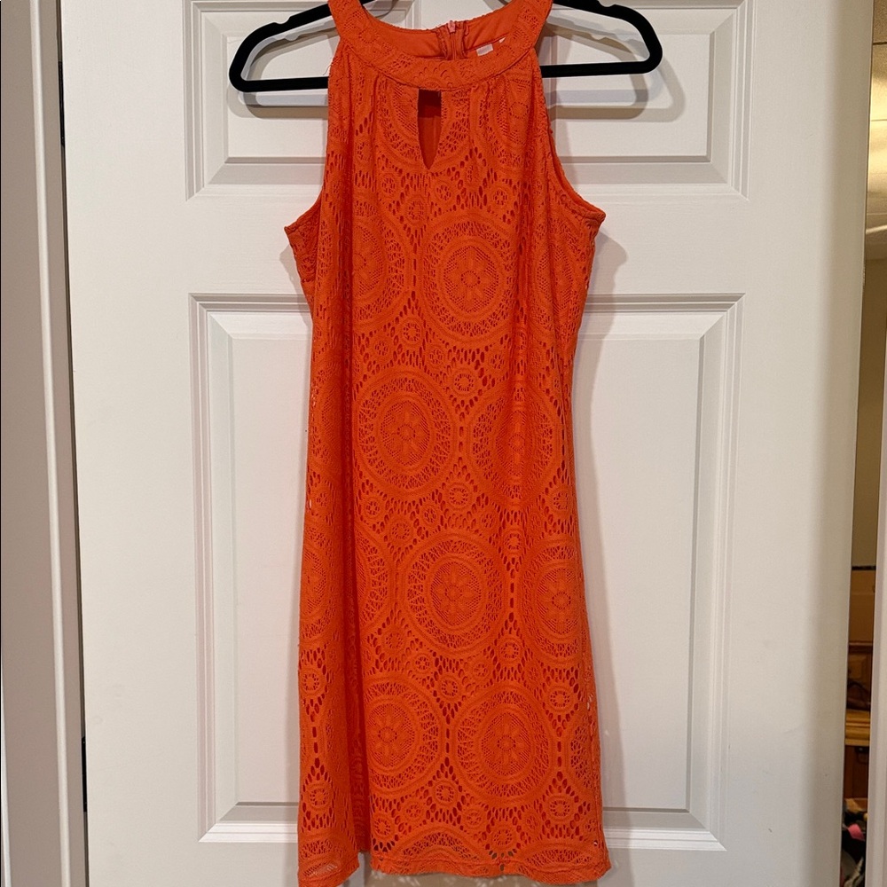 Tacera Vibrant Orange Lace Midi Dress